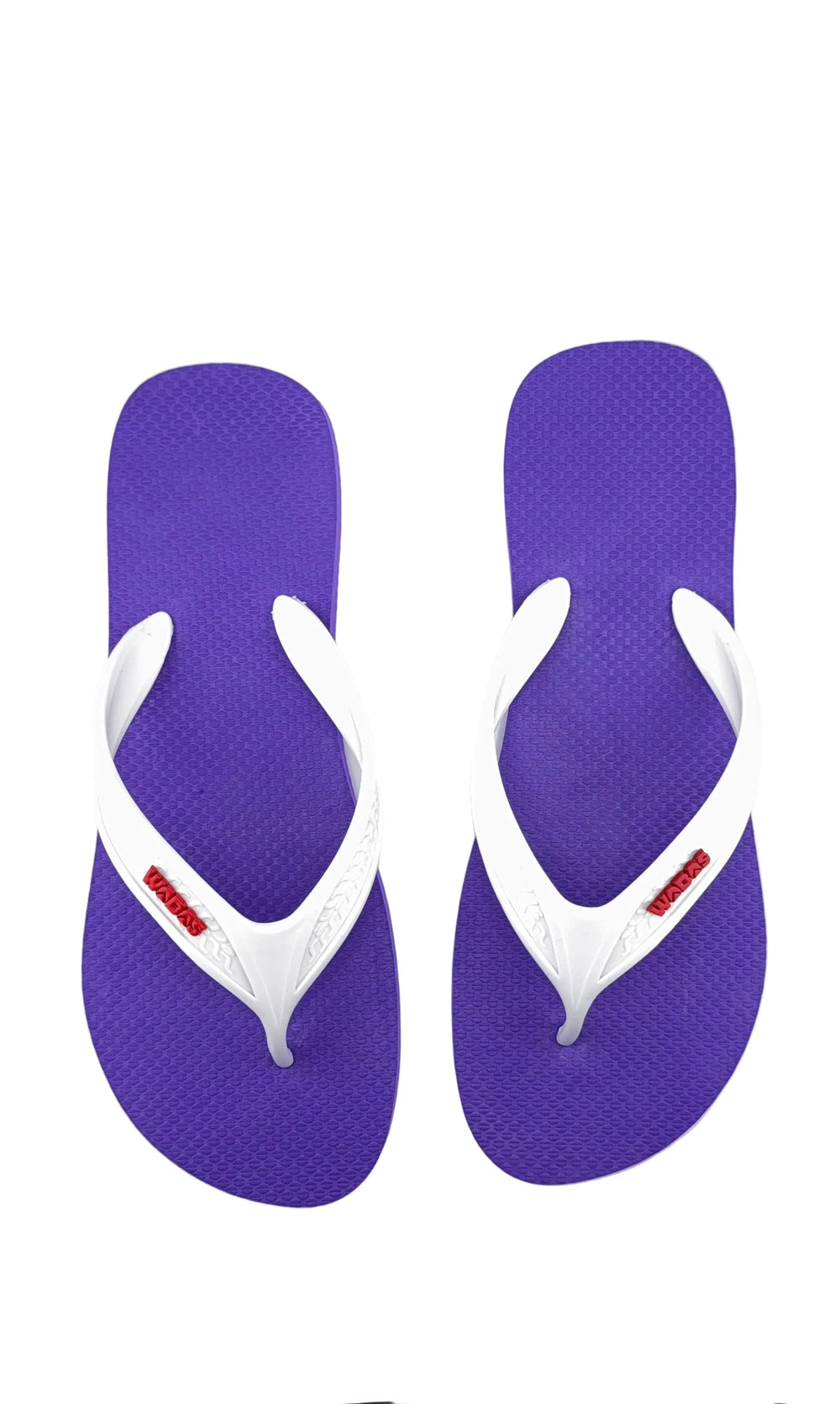 Purple and white flip-flops on a white background