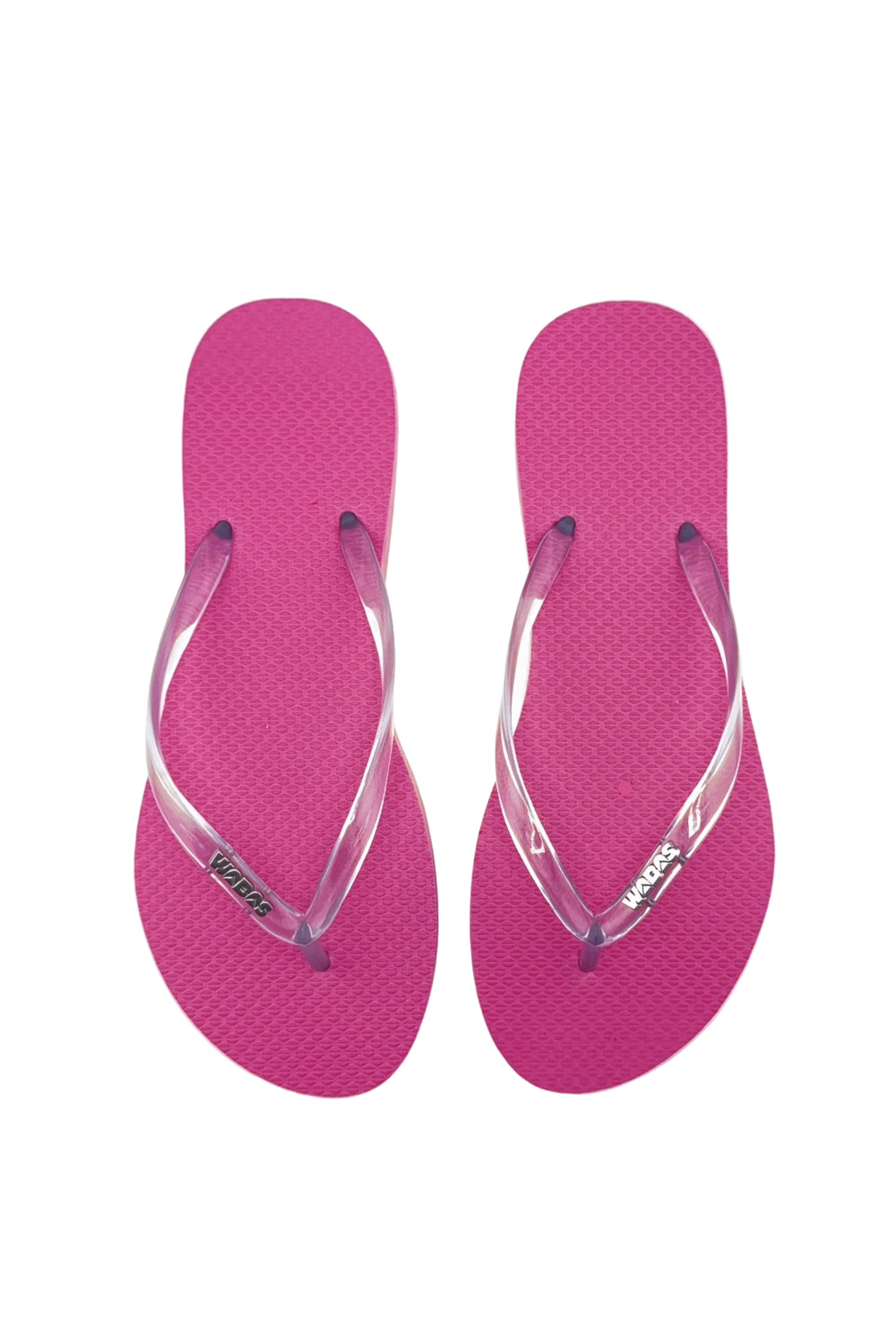 Pair of pink flip-flops with clear straps on a white background